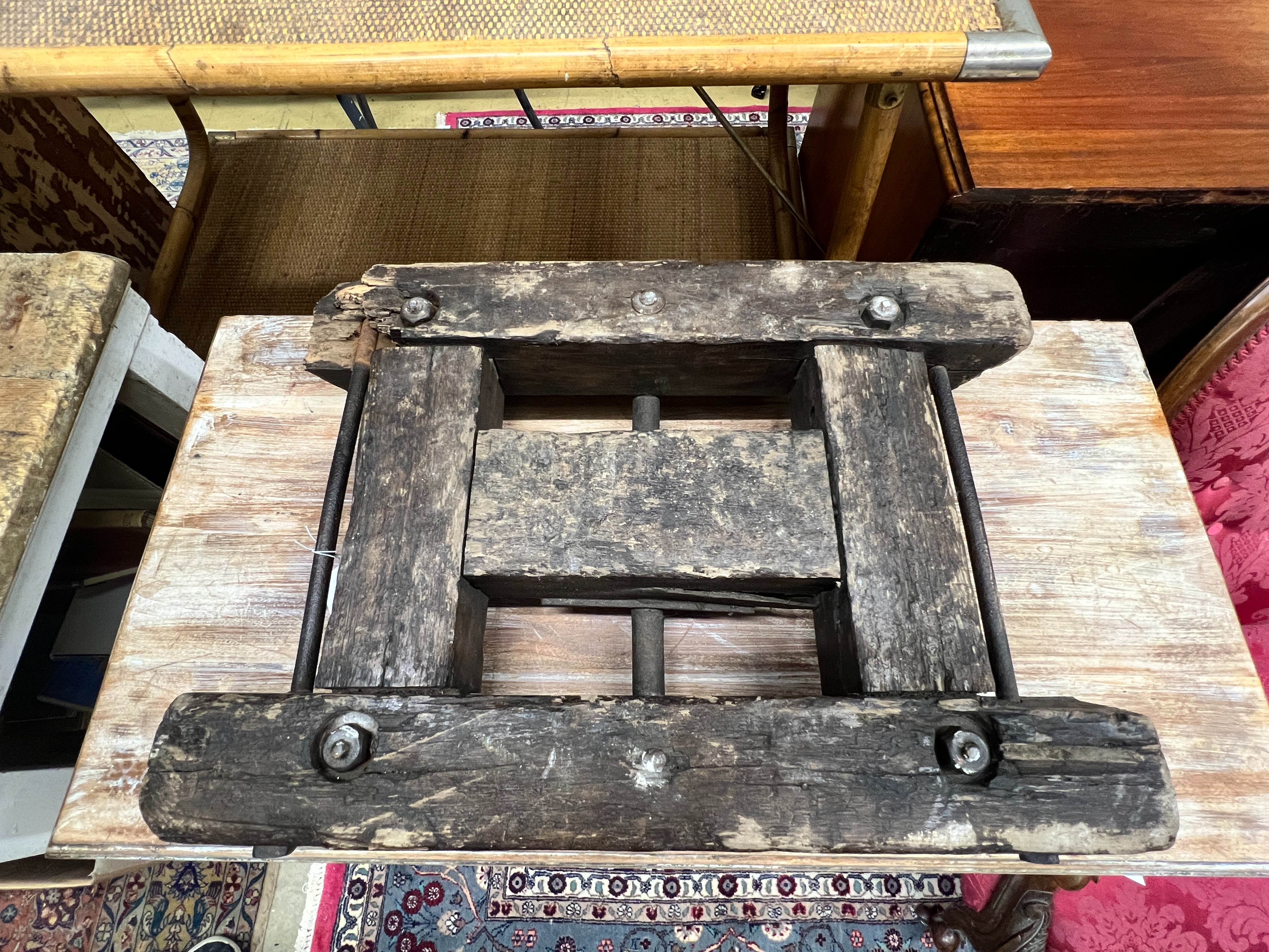 A vintage wooden trolley, width 40cm, length 57cm, height 12cm